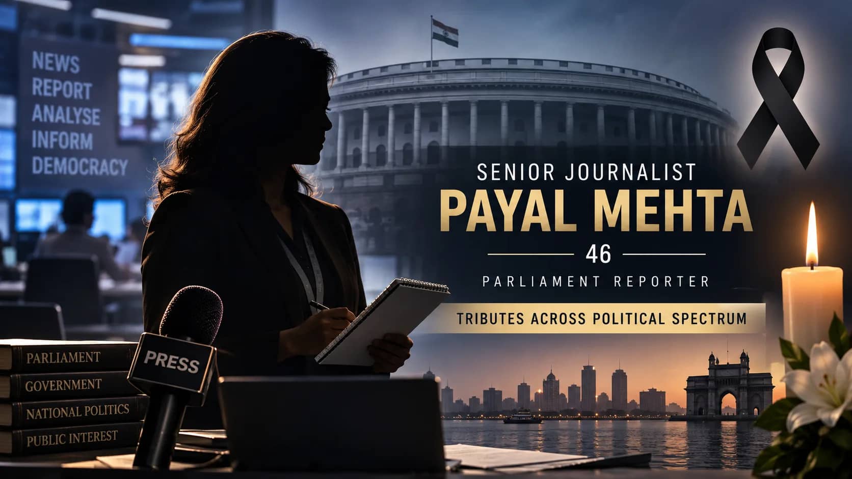 एक महिला पत्रकार की तस्वीर, जिसमें वह नोटबुक में लिख रही है और उसके सामने एक माइक रखा है।