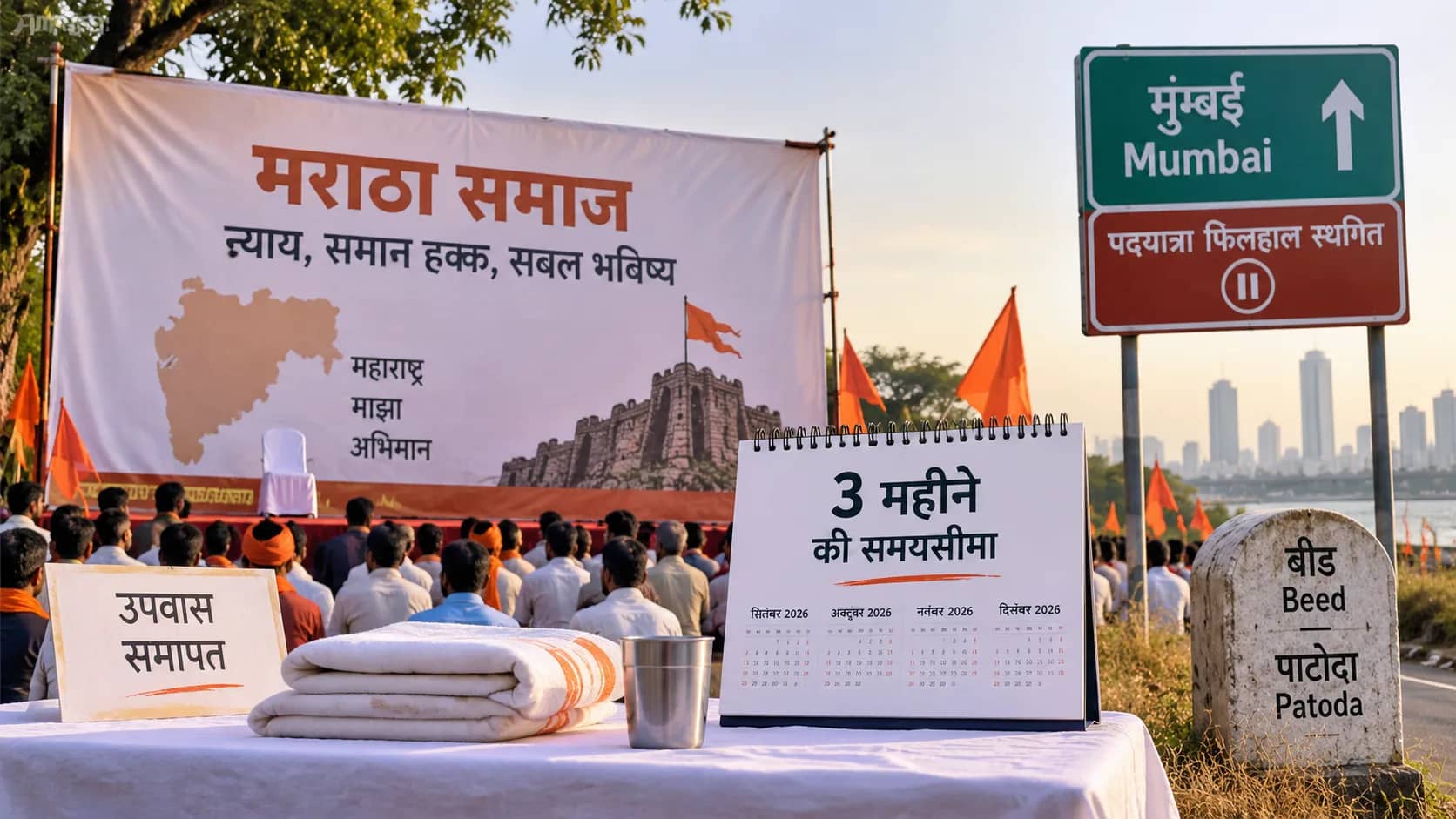 एक सभा में मराठा समाज के लोग, बैनर और संकेतकों के साथ।