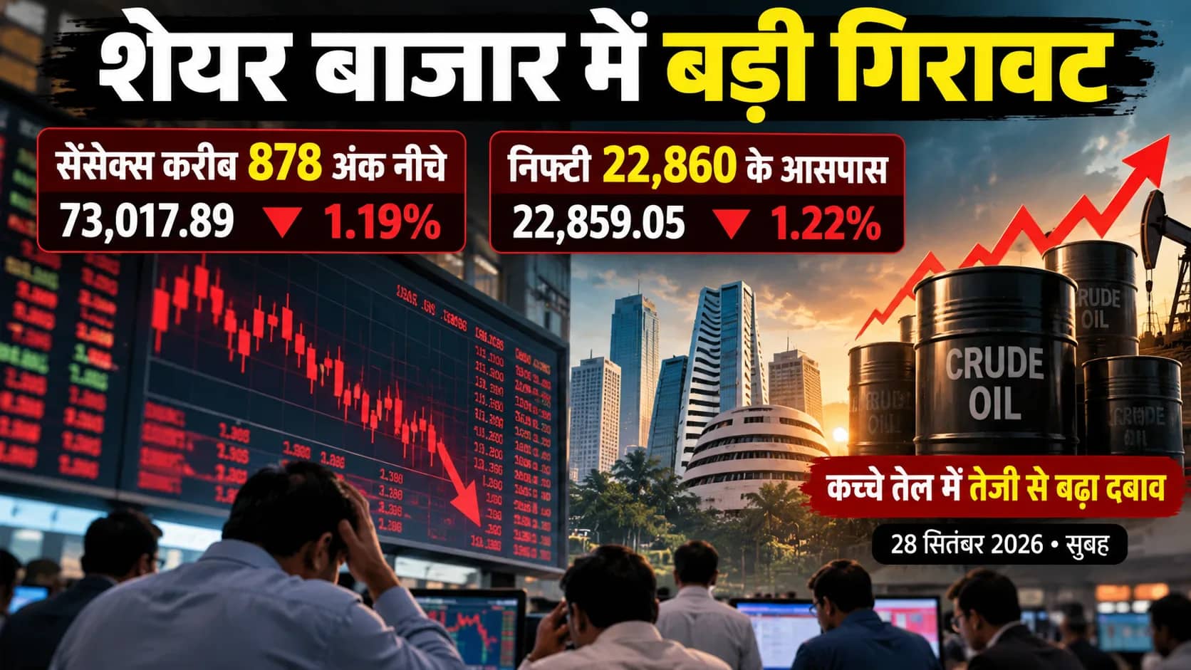 शेयर बाजार में बड़ी गिरावट, सेंसेक्स और निफ्टी में भारी गिरावट, कच्चे तेल में तेजी।