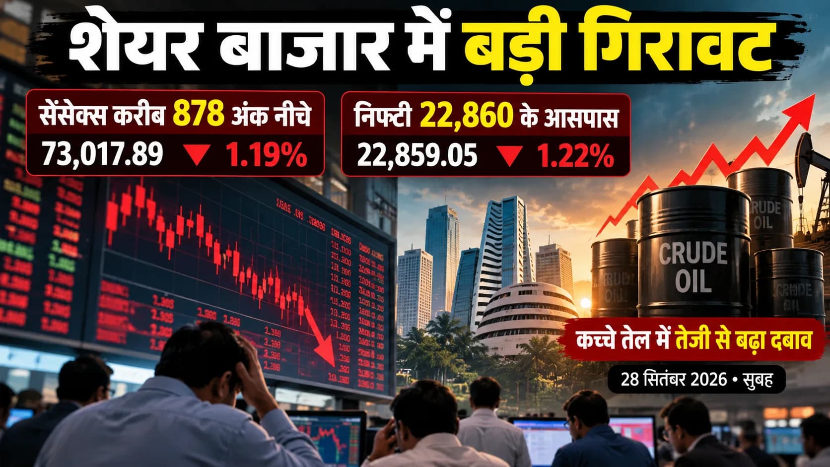 शेयर बाजार में बड़ी गिरावट, सेंसेक्स और निफ्टी में भारी गिरावट, कच्चे तेल में तेजी।