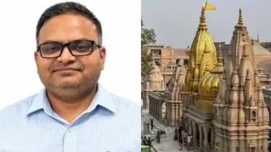 एक व्यक्ति का क्लोज-अप और एक मंदिर परिसर का दृश्य।