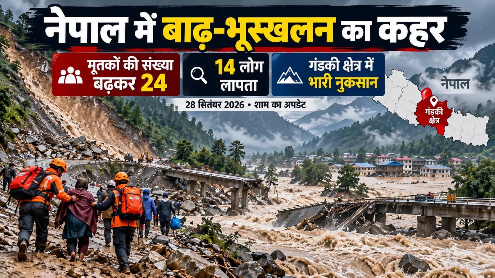 नेपाल में बाढ़ और भूस्खलन से तबाही, बचाव कार्य जारी।