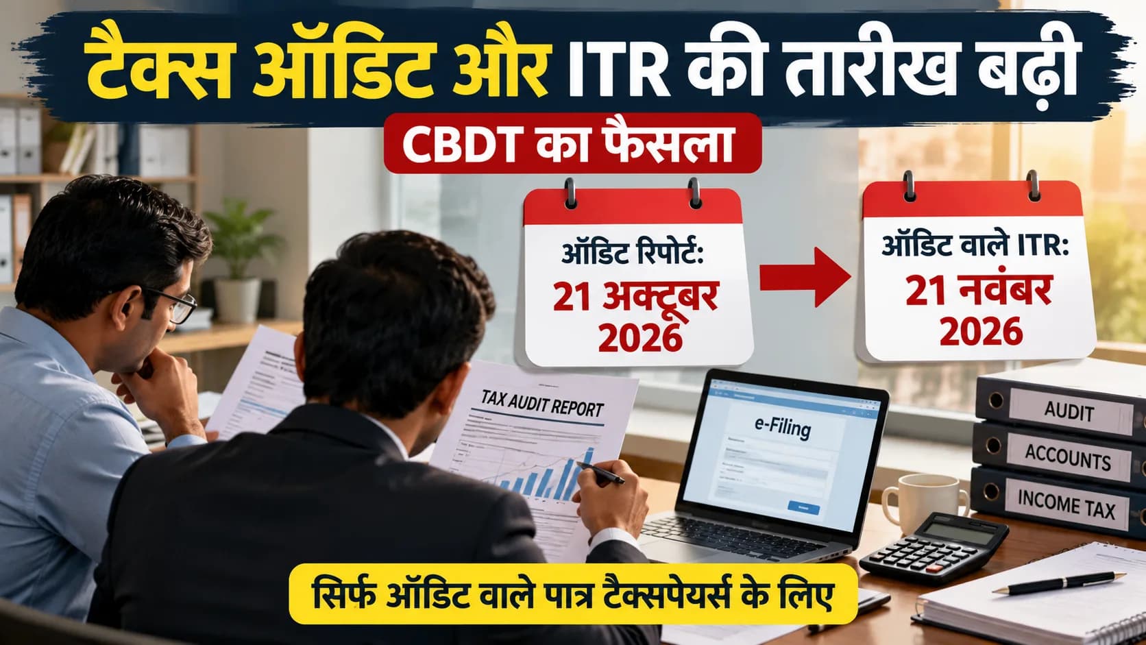 दो व्यक्ति टैक्स ऑडिट रिपोर्ट और ITR की बढ़ी हुई तारीखों पर चर्चा कर रहे हैं।