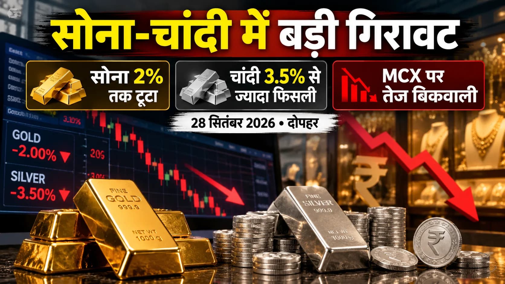 सोना-चांदी में बड़ी गिरावट, 28 सितंबर 2026 को दोपहर।