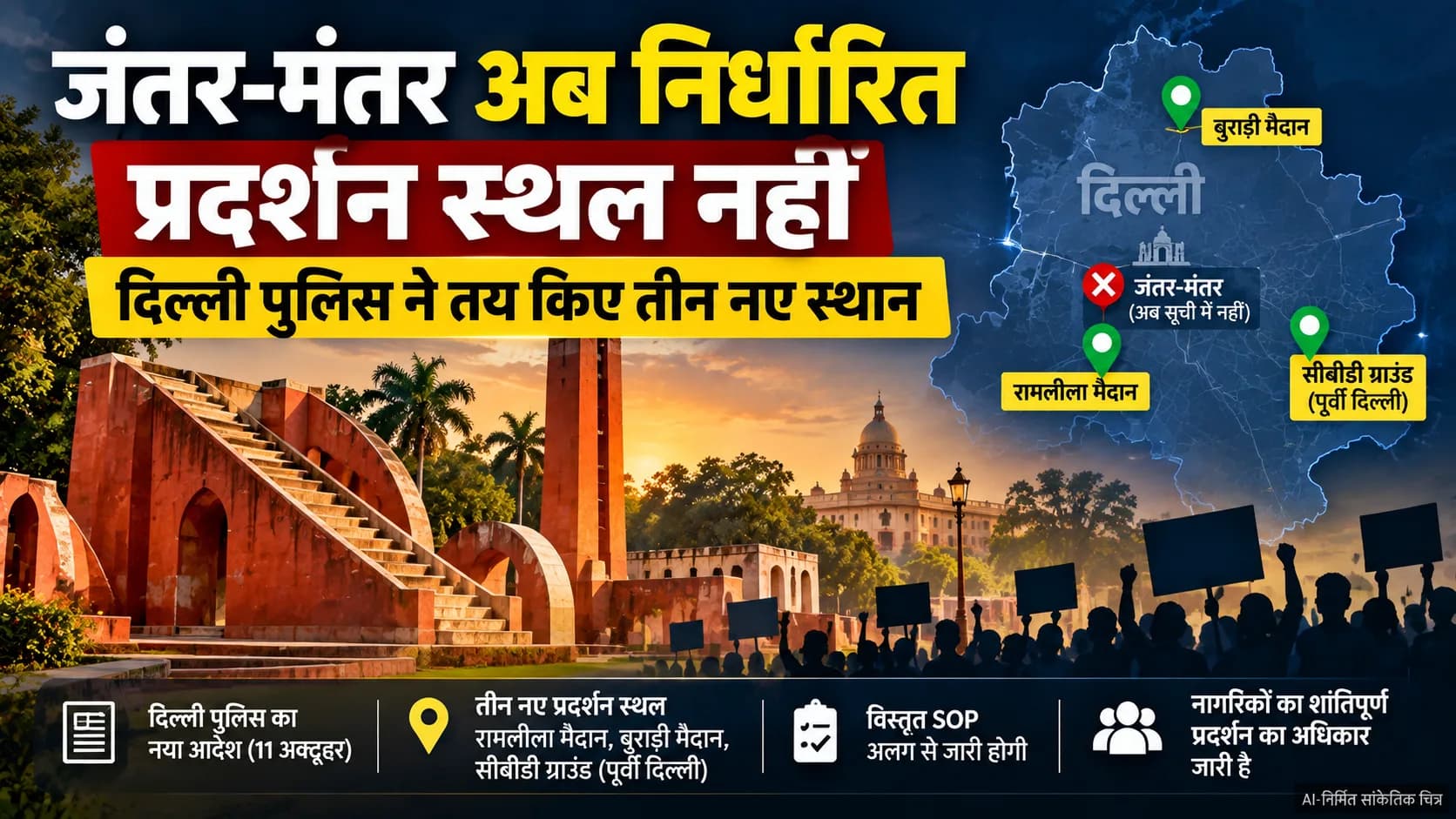 दिल्ली के जंतर-मंतर पर अब नहीं होंगे निर्धारित धरना-प्रदर्शन, पुलिस ने तय किए तीन नए स्थान