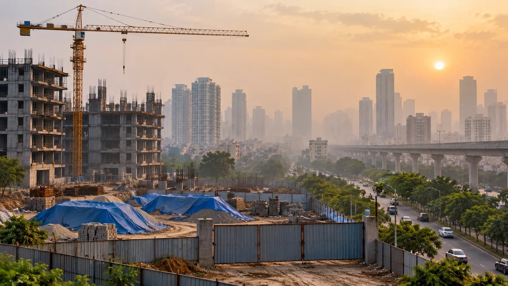 सूर्योदय के समय एक निर्माण स्थल, जिसमें क्रेन, अधूरी इमारतें और पृष्ठभूमि में शहर के क्षितिज हैं।