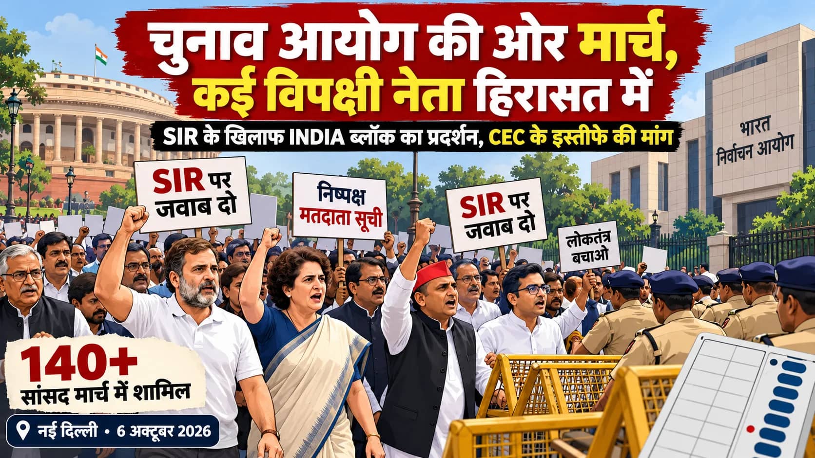 चुनाव आयोग के बाहर विपक्षी नेताओं का प्रदर्शन, SIR पर जवाब दो।