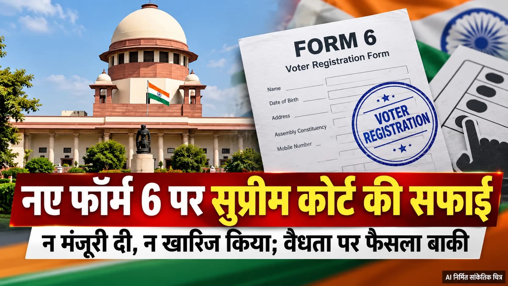 सुप्रीम कोर्ट की इमारत के सामने वोटर रजिस्ट्रेशन फॉर्म 6 और भारतीय झंडा दिख रहा है।
