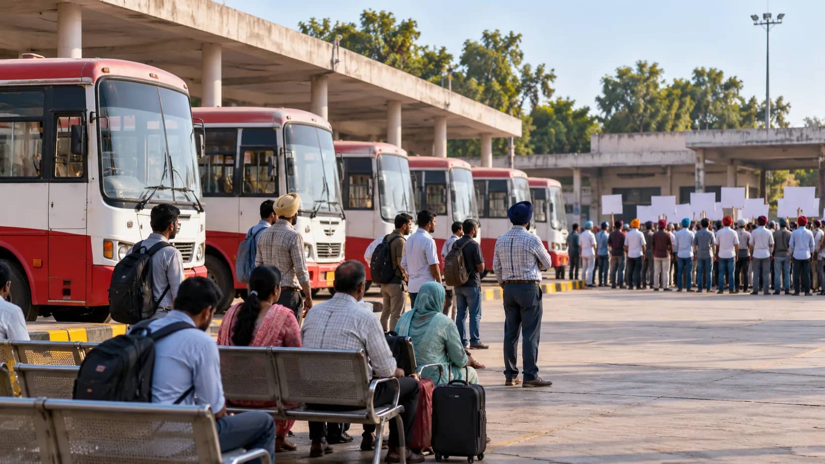 बस स्टैंड पर कतार में खड़े और बैठे हुए लोग।