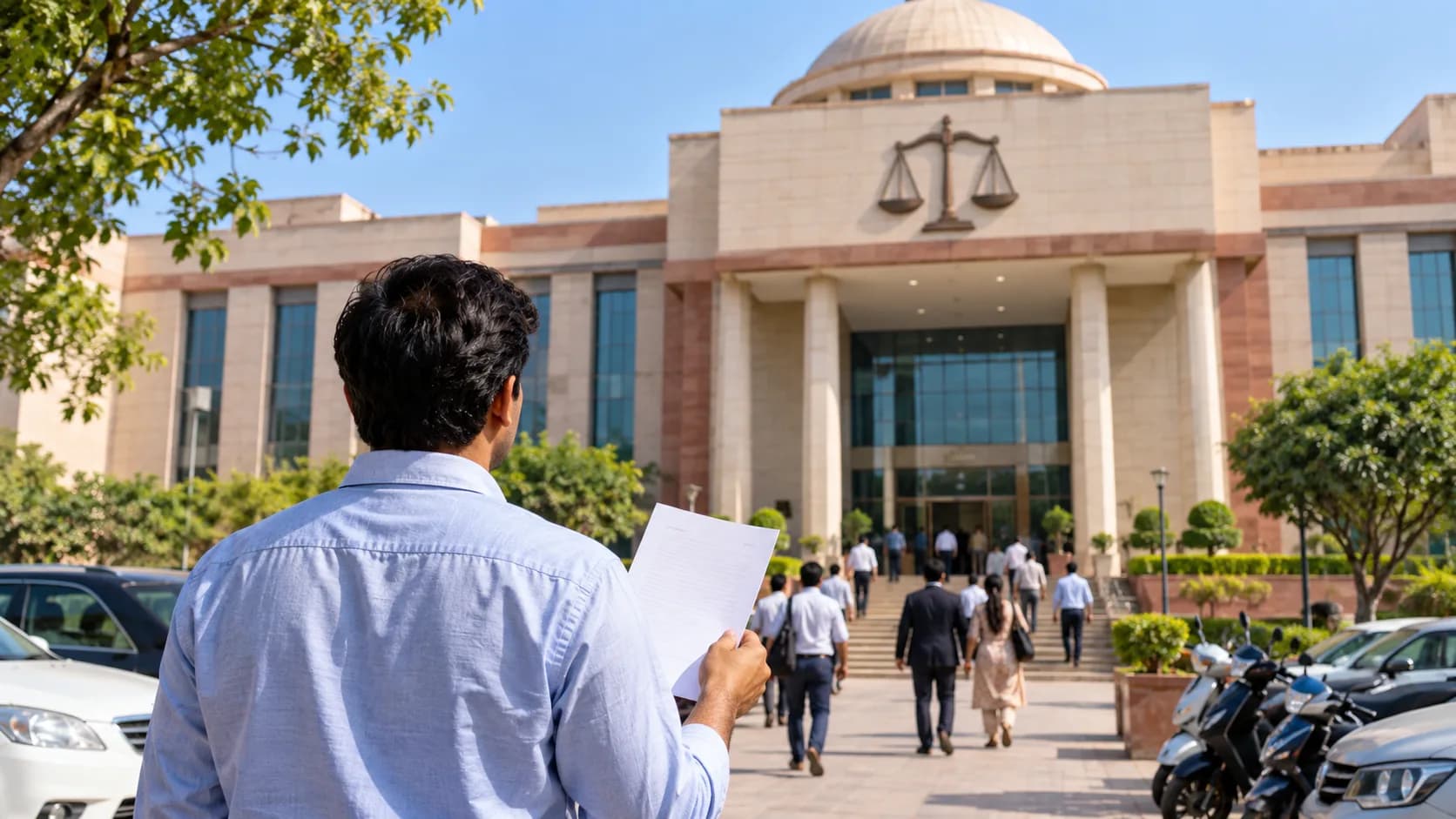 एक आदमी अदालत की इमारत की ओर देख रहा है, जिसके हाथ में कागजात हैं।