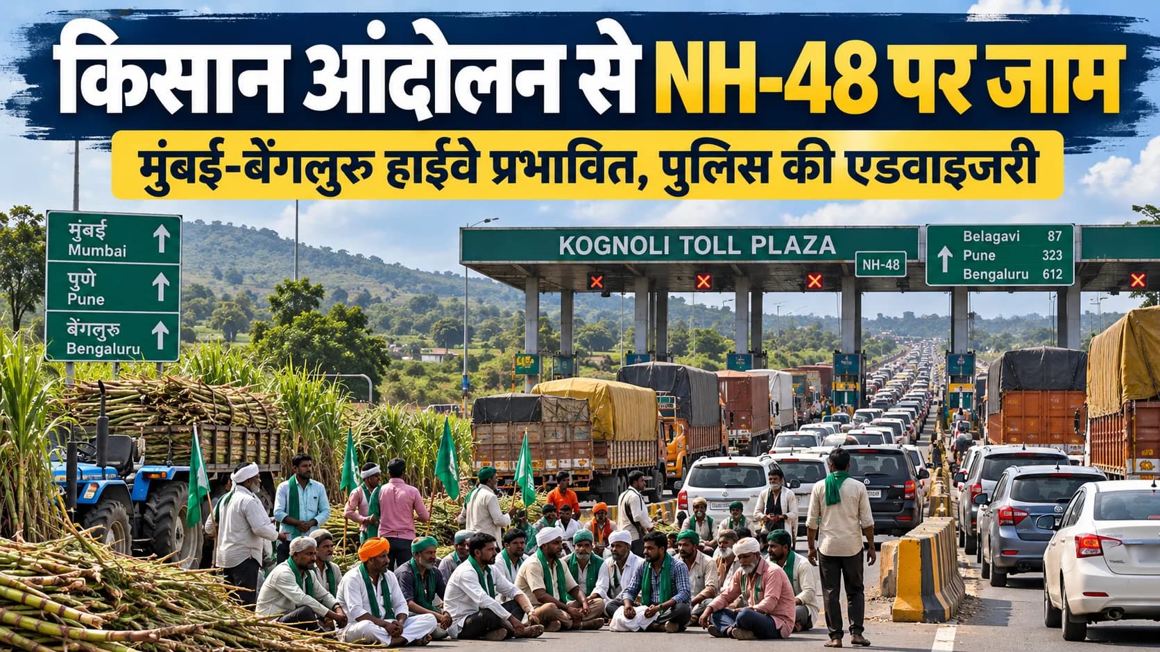 किसान आंदोलन के कारण NH-48 पर जाम लगा हुआ है, जिसमें किसान सड़क पर बैठे हैं और गन्ने के ढेर लगे हैं।
