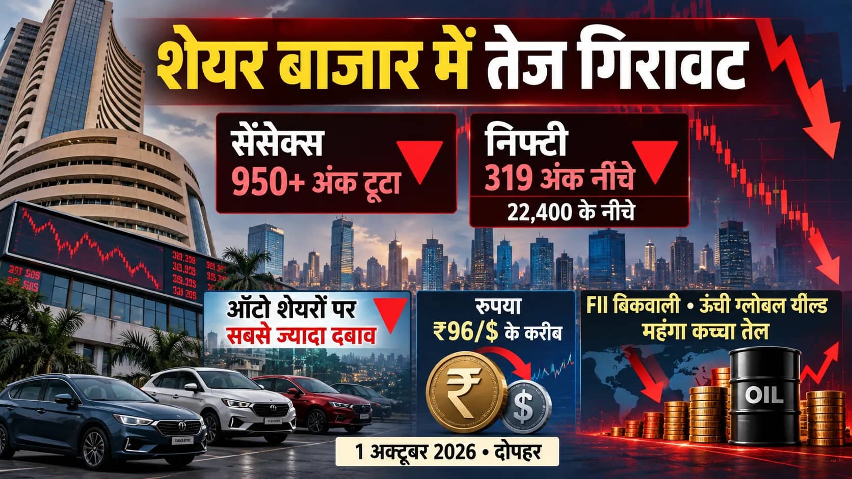 शेयर बाजार में तेज गिरावट, सेंसेक्स और निफ्टी नीचे, ऑटो शेयर पर दबाव।