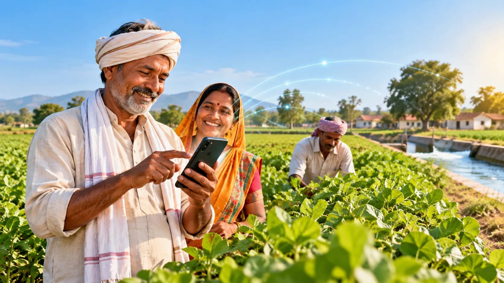 एक भारतीय किसान और उसकी पत्नी खेत में स्मार्टफोन का उपयोग कर रहे हैं, जबकि एक अन्य किसान पृष्ठभूमि में काम कर रहा है।