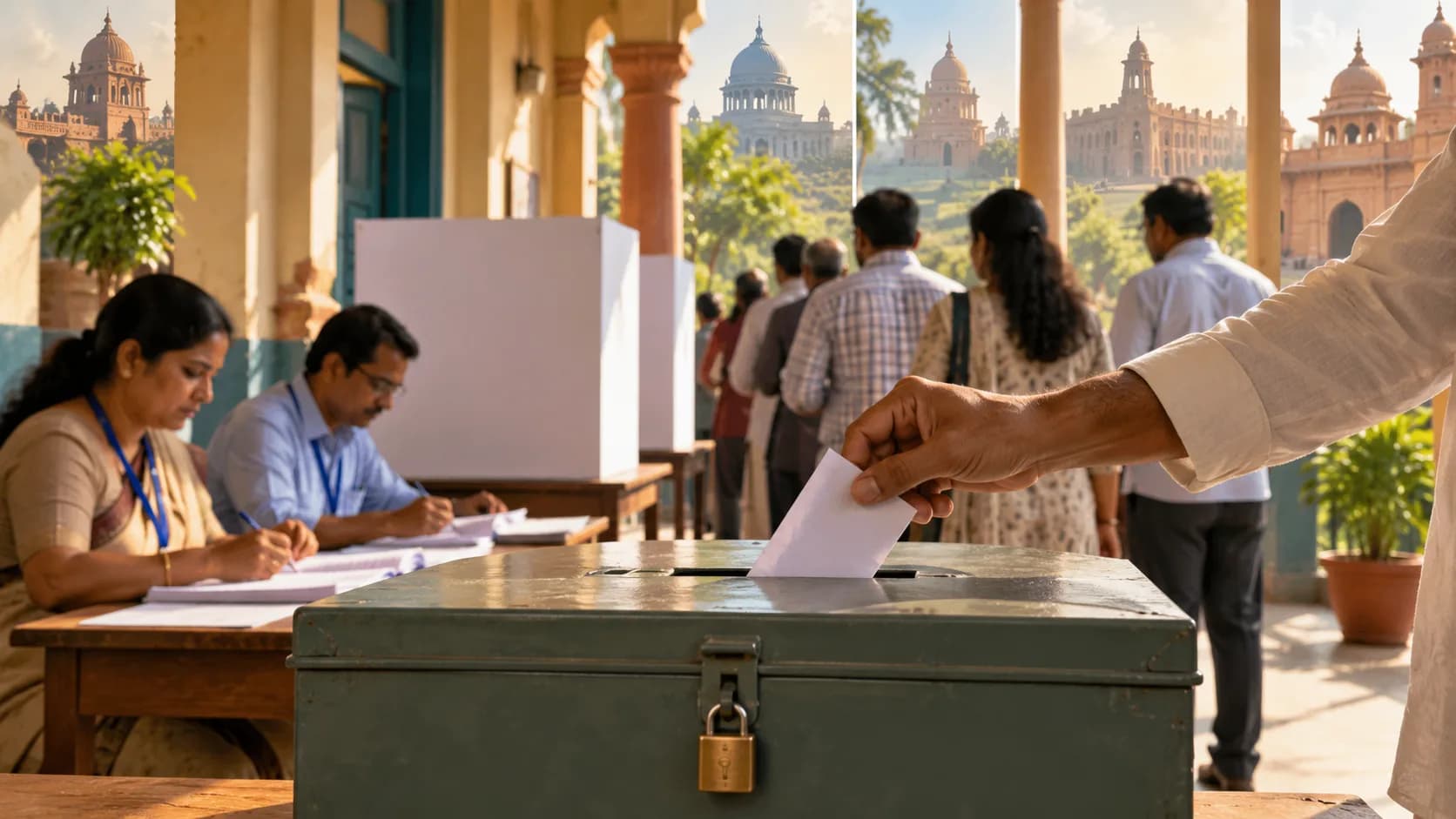 एक व्यक्ति मतदान पेटी में मतपत्र डाल रहा है, जबकि अन्य लोग कतार में खड़े हैं।