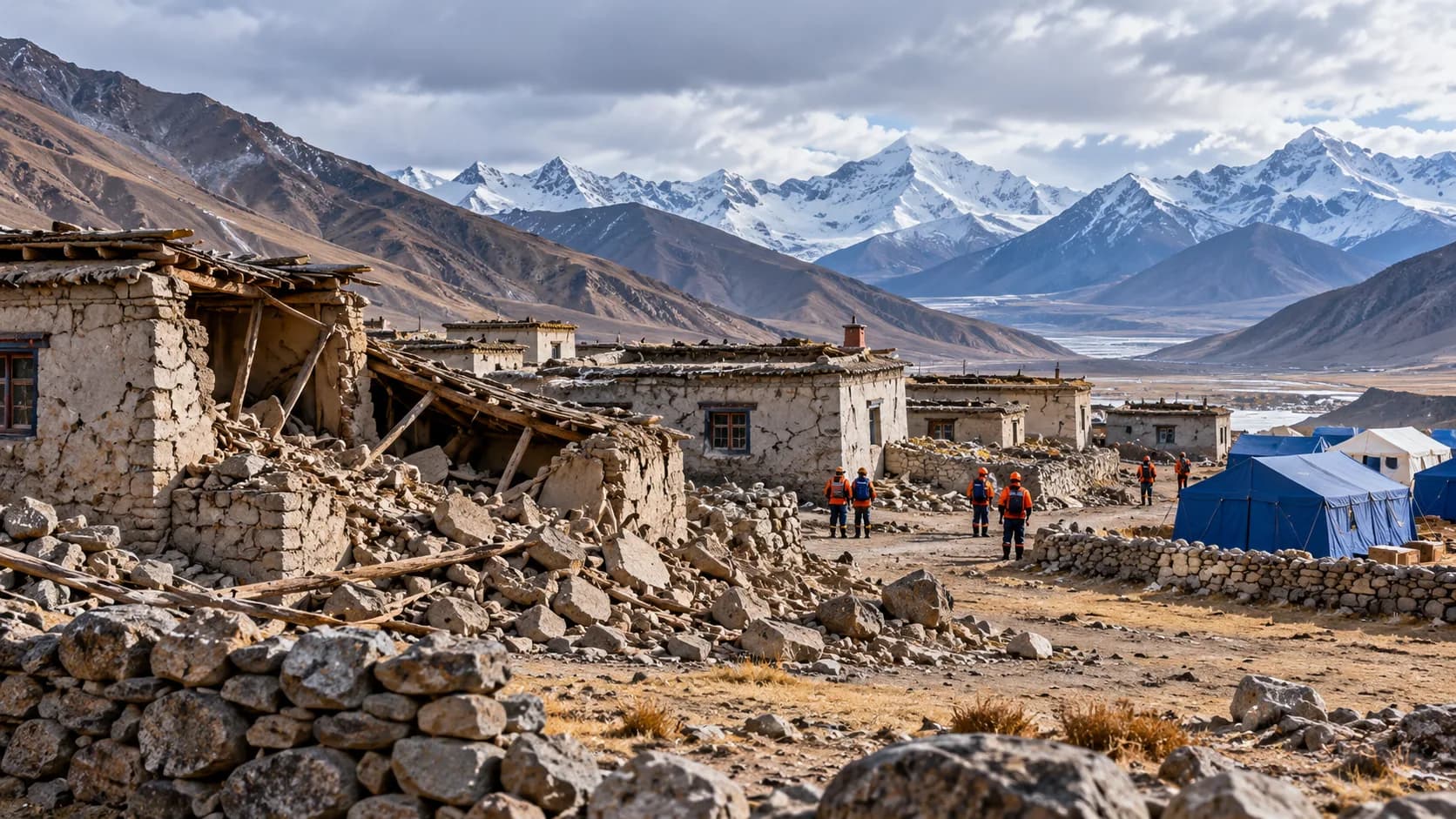 पहाड़ों के बीच एक क्षतिग्रस्त गाँव में बचावकर्मी और नीले टेंट।