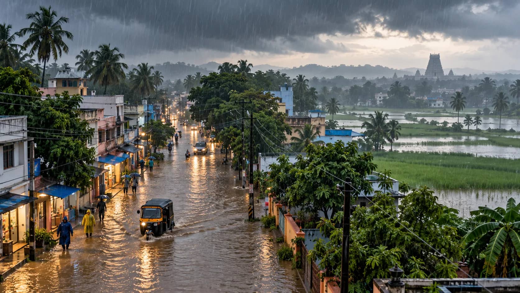 बारिश में डूबी सड़क पर लोग और वाहन चल रहे हैं, दूर मंदिर दिख रहा है।