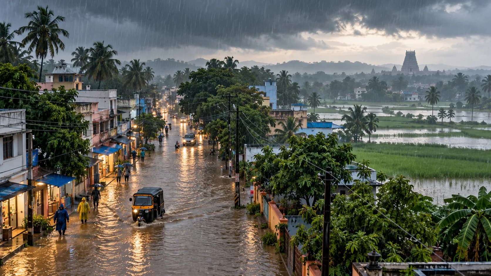 बारिश में डूबी सड़क पर लोग और वाहन चल रहे हैं, दूर मंदिर दिख रहा है।