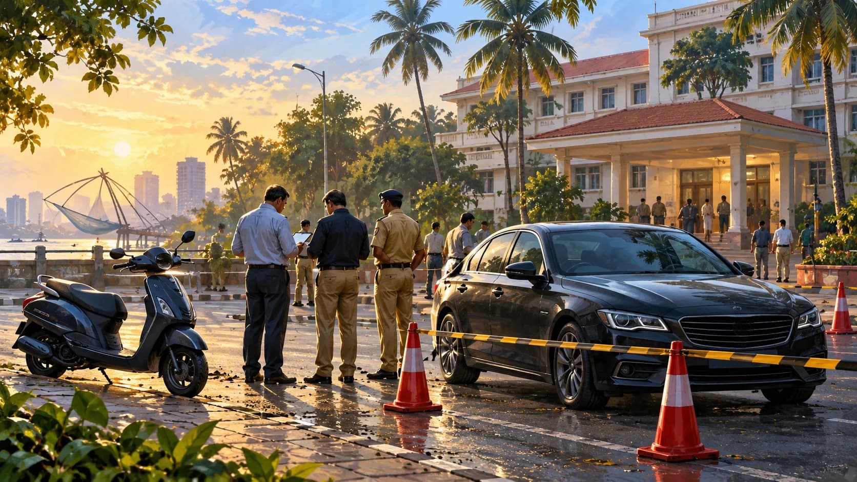 एक स्कूटर और एक कार के पास खड़े पुलिस अधिकारी, पृष्ठभूमि में एक शहर और सूर्यास्त।