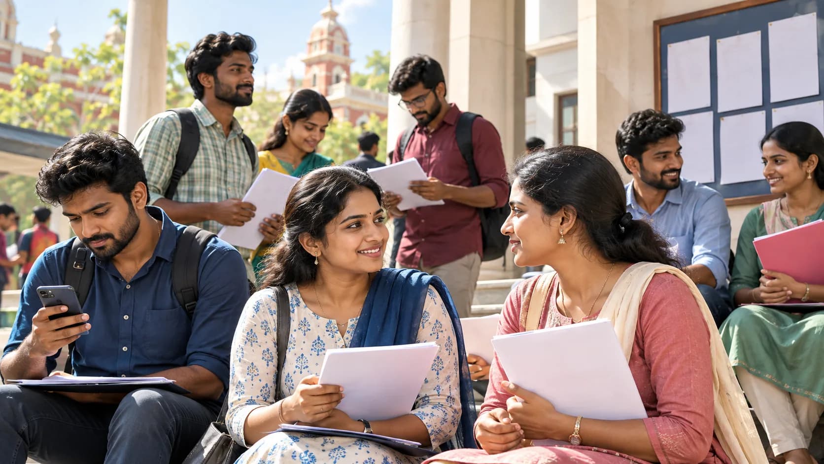 भारतीय छात्र-छात्राएं कॉलेज परिसर में पढ़ाई कर रहे हैं और बातचीत कर रहे हैं।