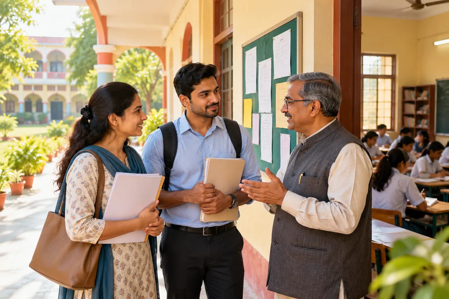 एक भारतीय प्रोफेसर दो छात्रों से बात कर रहे हैं, जो मुस्कुरा रहे हैं और सुन रहे हैं।