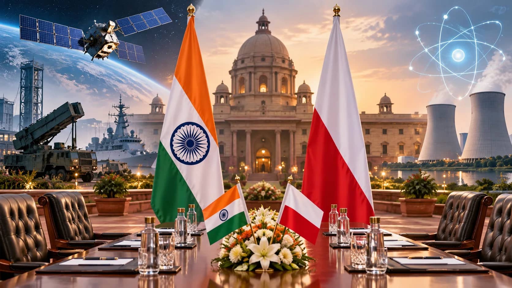 भारत और पोलैंड के झंडे एक मेज पर हैं, जिसके पीछे सरकारी इमारतें और औद्योगिक दृश्य हैं।