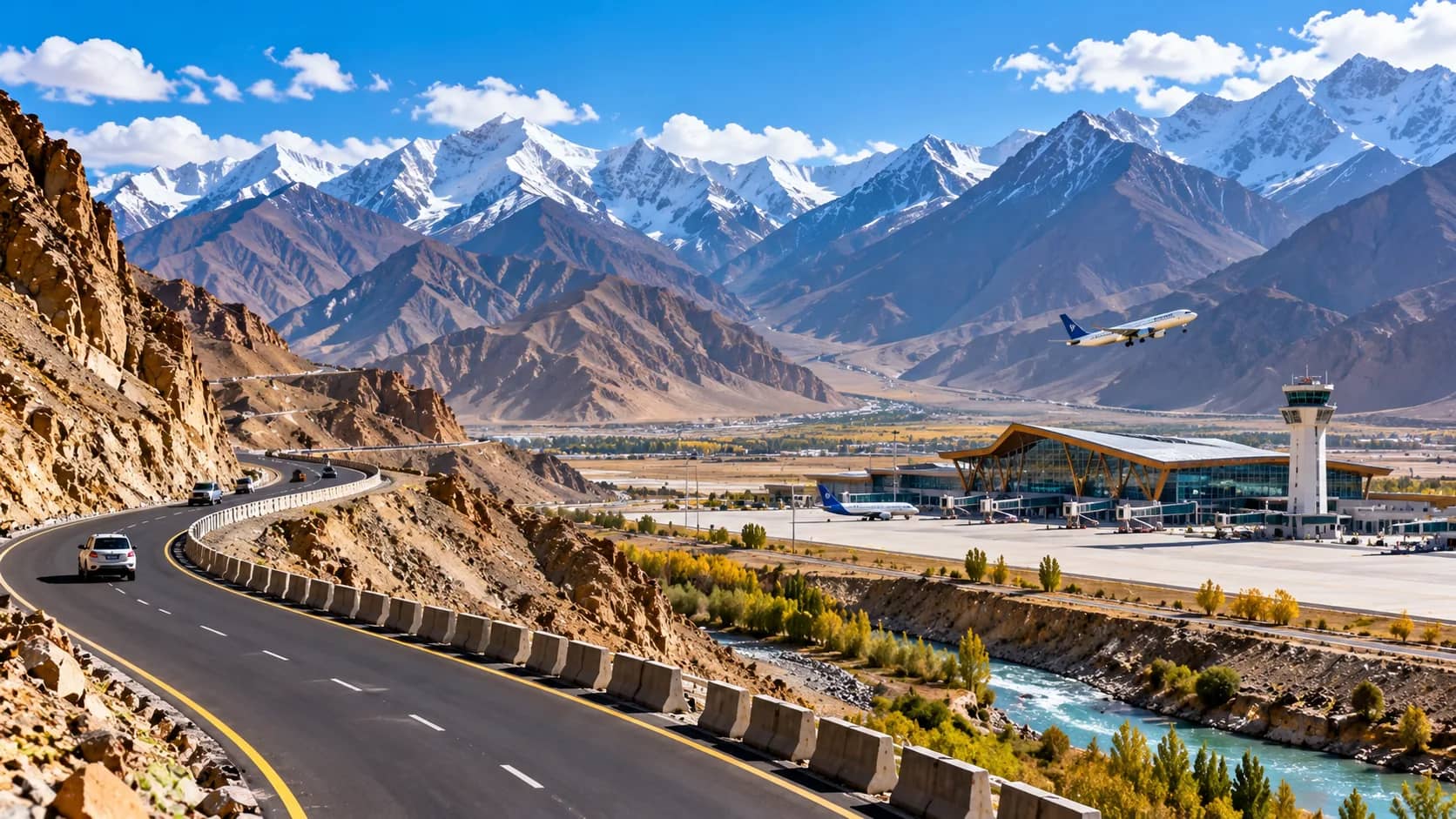 बर्फीले पहाड़ों के बीच एक घुमावदार सड़क, हवाई अड्डा और एक उड़ता हुआ हवाई जहाज।