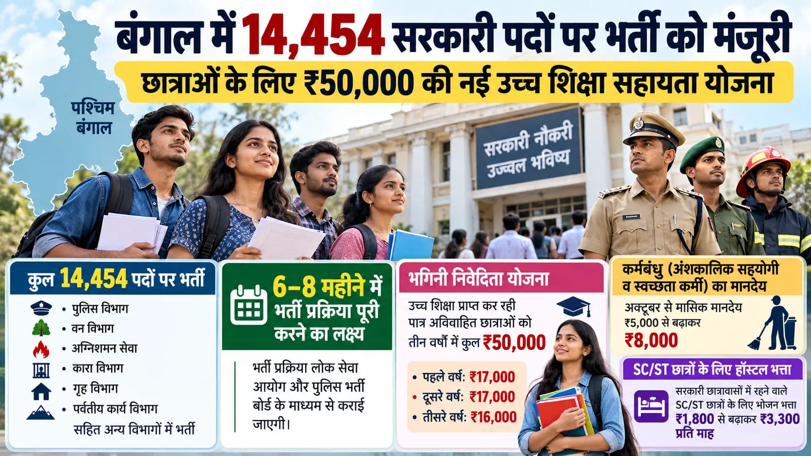 पश्चिम बंगाल में 14,454 सरकारी पदों पर भर्ती और छात्राओं के लिए ₹50,000 की सहायता योजना।
