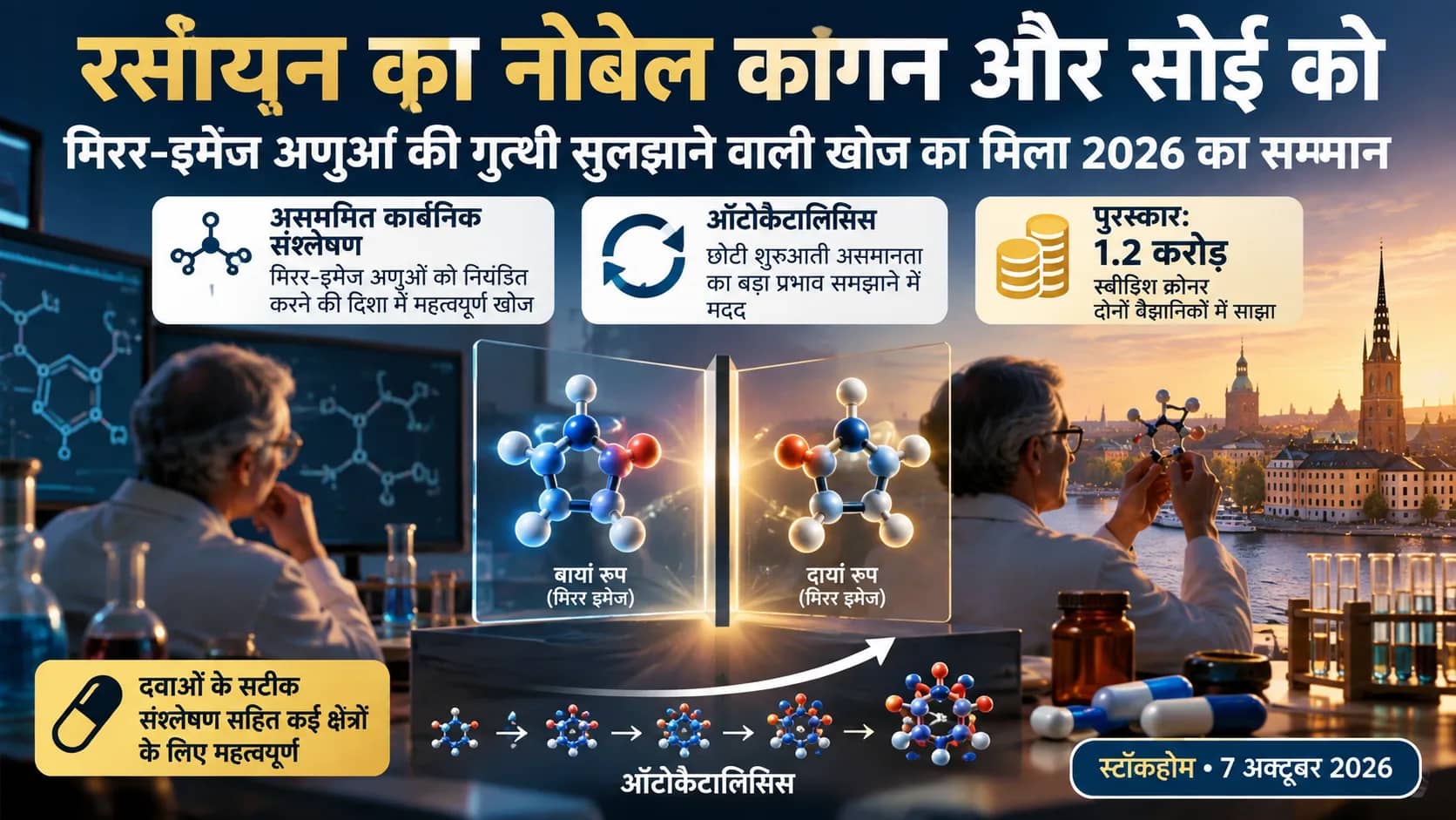 रसायन विज्ञान में नोबेल पुरस्कार विजेता वैज्ञानिकों द्वारा अणु संरचना का प्रदर्शन।
