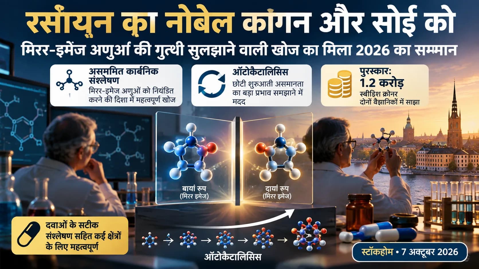 रसायन विज्ञान में नोबेल पुरस्कार विजेता वैज्ञानिकों द्वारा अणु संरचना का प्रदर्शन।