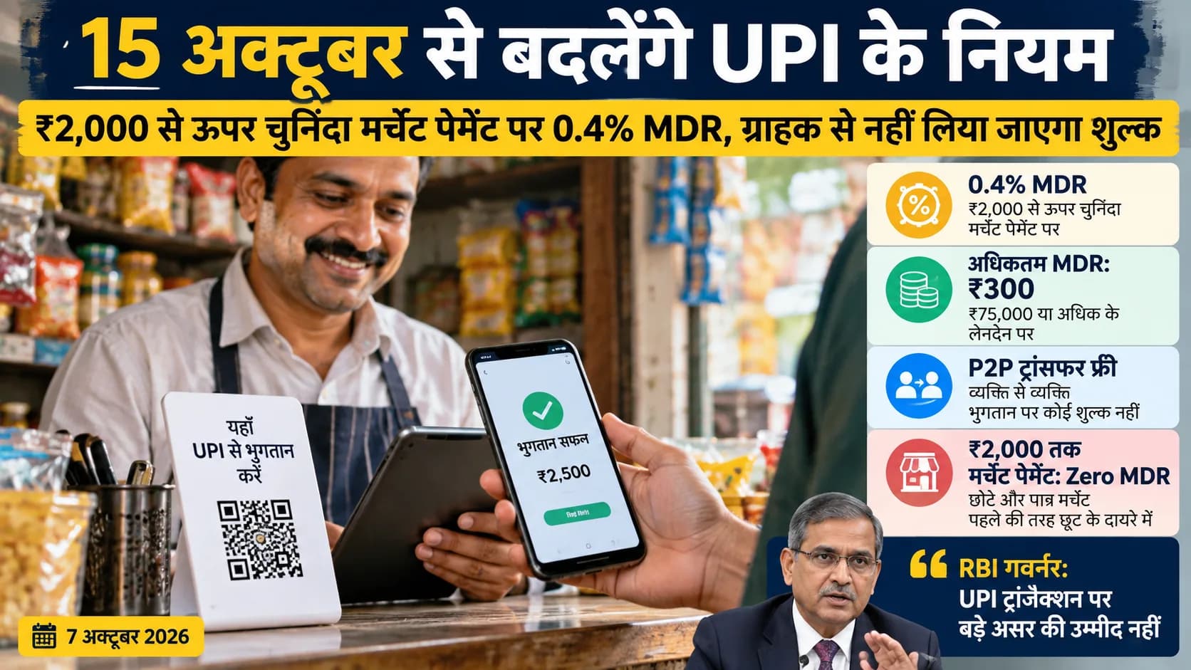 15 अक्टूबर से बदलेंगे UPI के नियम: ₹2,000 से ऊपर चुनिंदा मर्चेंट पेमेंट पर 0.4% MDR, ग्राहक से नहीं लिया जाएगा शुल्क