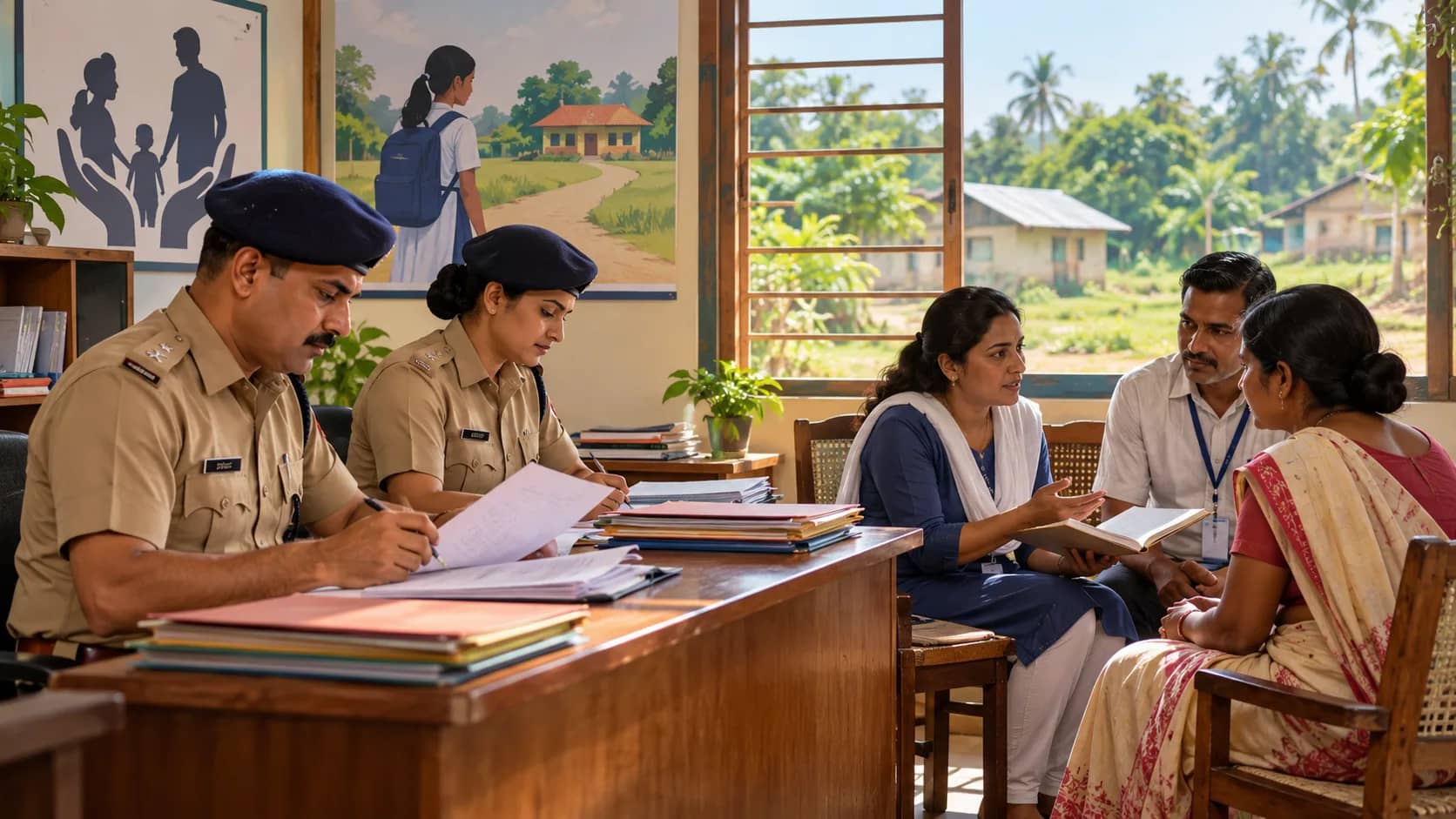 एक पुलिस अधिकारी और एक महिला पुलिस अधिकारी एक मेज पर बैठे हैं, जबकि एक महिला एक किताब पकड़े हुए है और दो अन्य लोगों से बात कर रही है।