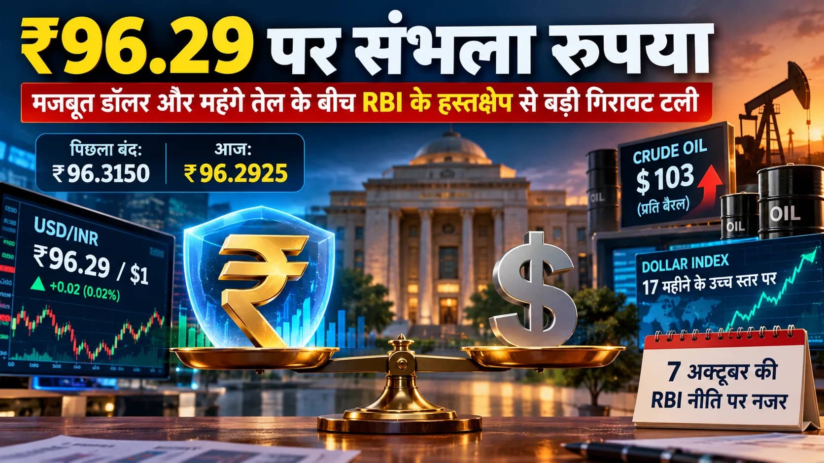 ₹96.29 पर संभला रुपया: मजबूत डॉलर और महंगे कच्चे तेल के बीच RBI के हस्तक्षेप ने बड़ी गिरावट रोकी