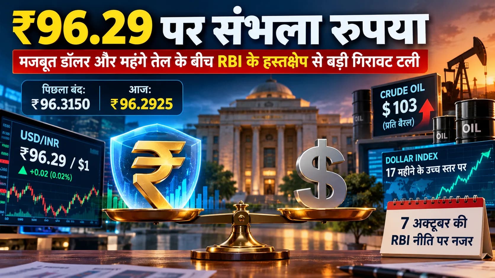 ₹96.29 पर संभला रुपया: मजबूत डॉलर और महंगे कच्चे तेल के बीच RBI के हस्तक्षेप ने बड़ी गिरावट रोकी