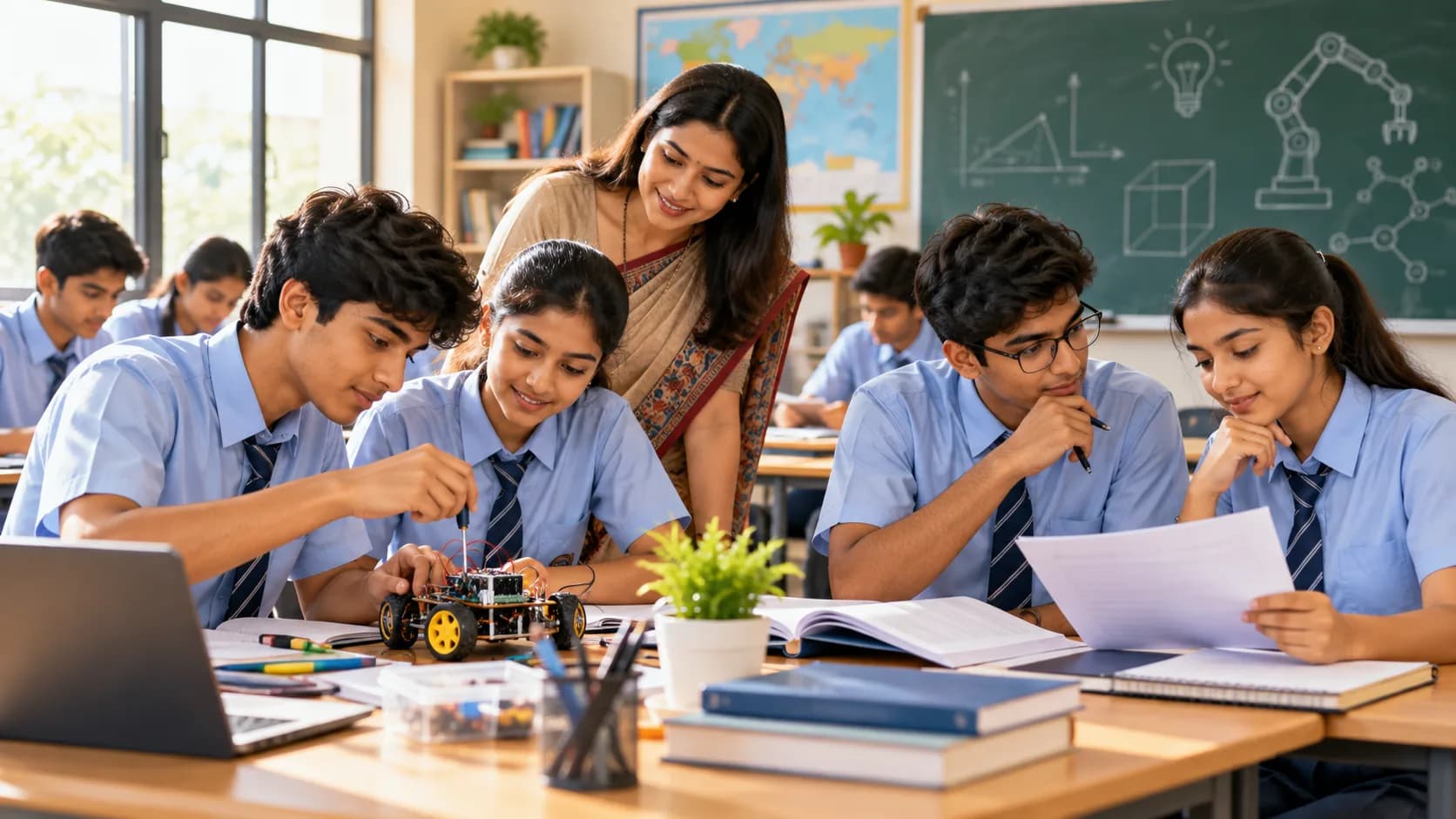 एक भारतीय शिक्षिका छात्रों को रोबोटिक्स और विज्ञान के बारे में सिखा रही हैं।
