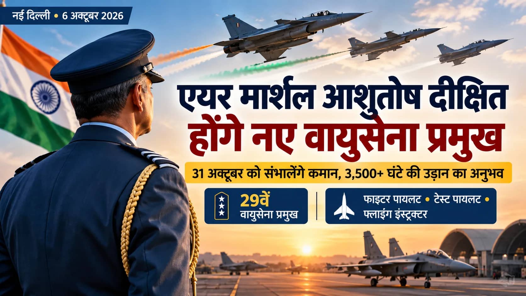भारतीय वायुसेना के अधिकारी और लड़ाकू विमान सूर्यास्त के समय हवाई अड्डे पर।