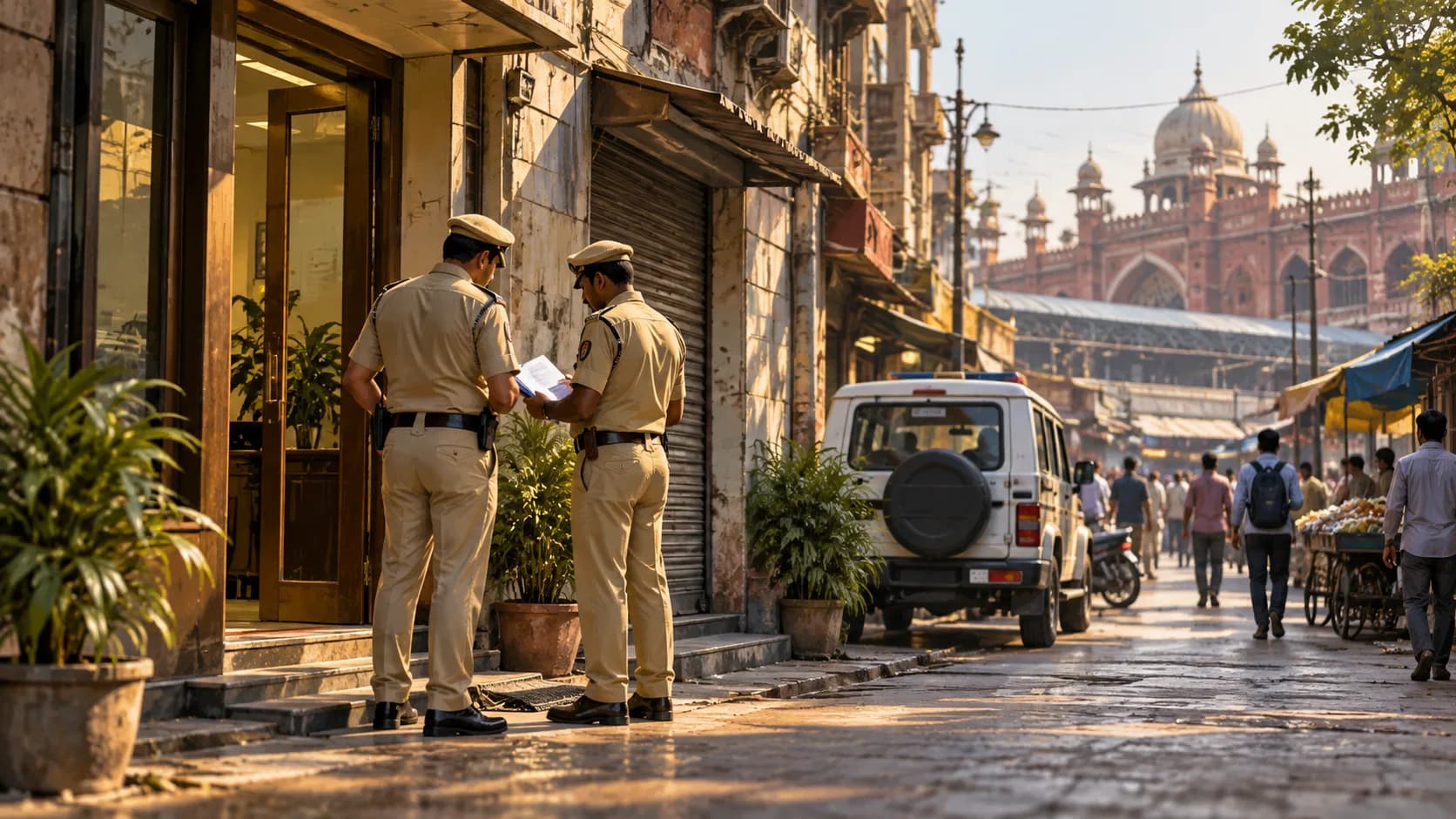 दो पुलिसकर्मी एक व्यस्त भारतीय सड़क पर एक इमारत के सामने खड़े होकर दस्तावेज़ पढ़ रहे हैं।