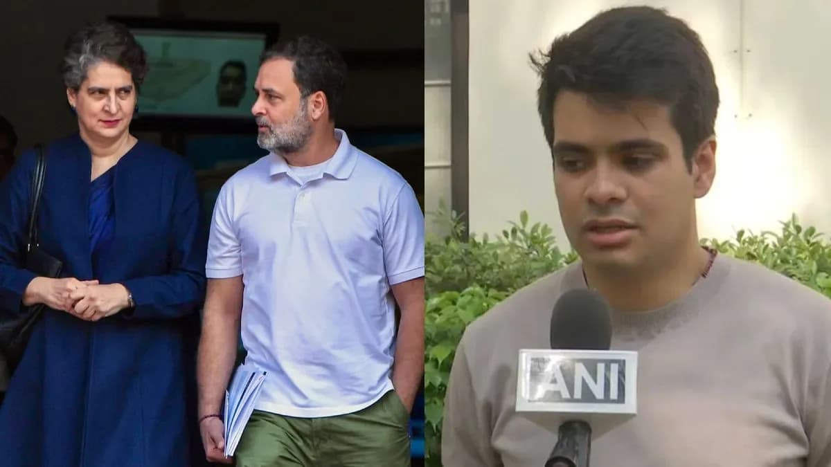 प्रियंका गांधी और राहुल गांधी एक साथ खड़े हैं, जबकि एक व्यक्ति एएनआई माइक के सामने बोल रहा है।