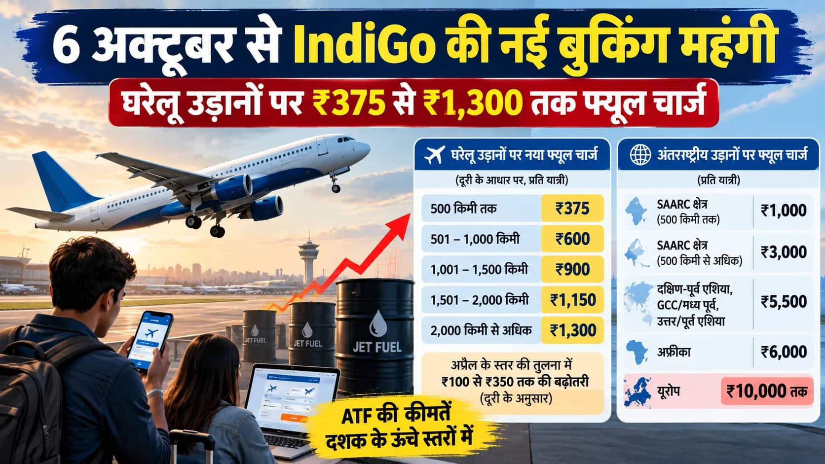 6 अक्टूबर से IndiGo की नई बुकिंग महंगी: घरेलू उड़ानों पर ₹1,300 तक बढ़ा फ्यूल चार्ज, यूरोप के लिए ₹10,000