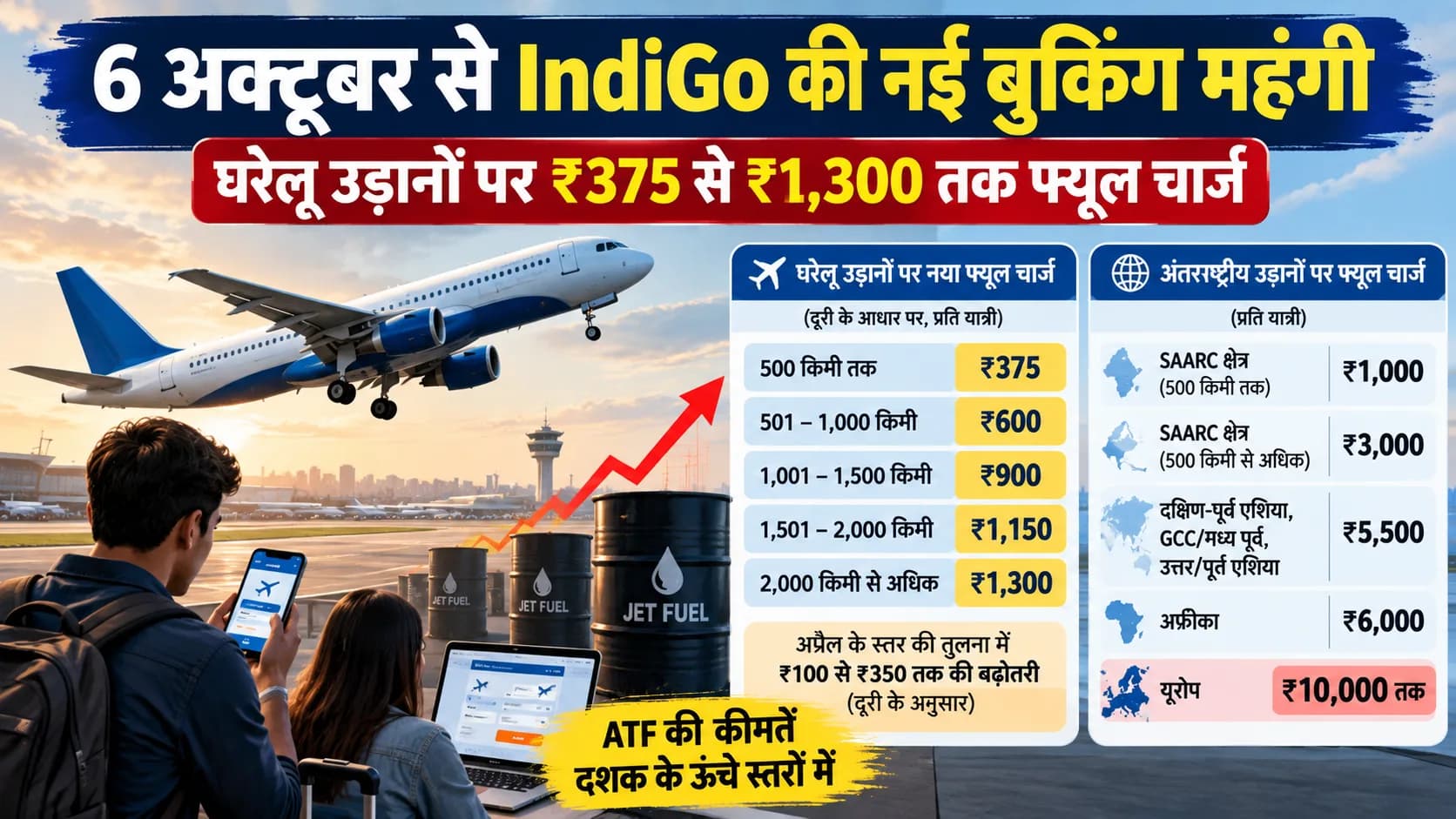 6 अक्टूबर से IndiGo की नई बुकिंग महंगी: घरेलू उड़ानों पर ₹1,300 तक बढ़ा फ्यूल चार्ज, यूरोप के लिए ₹10,000