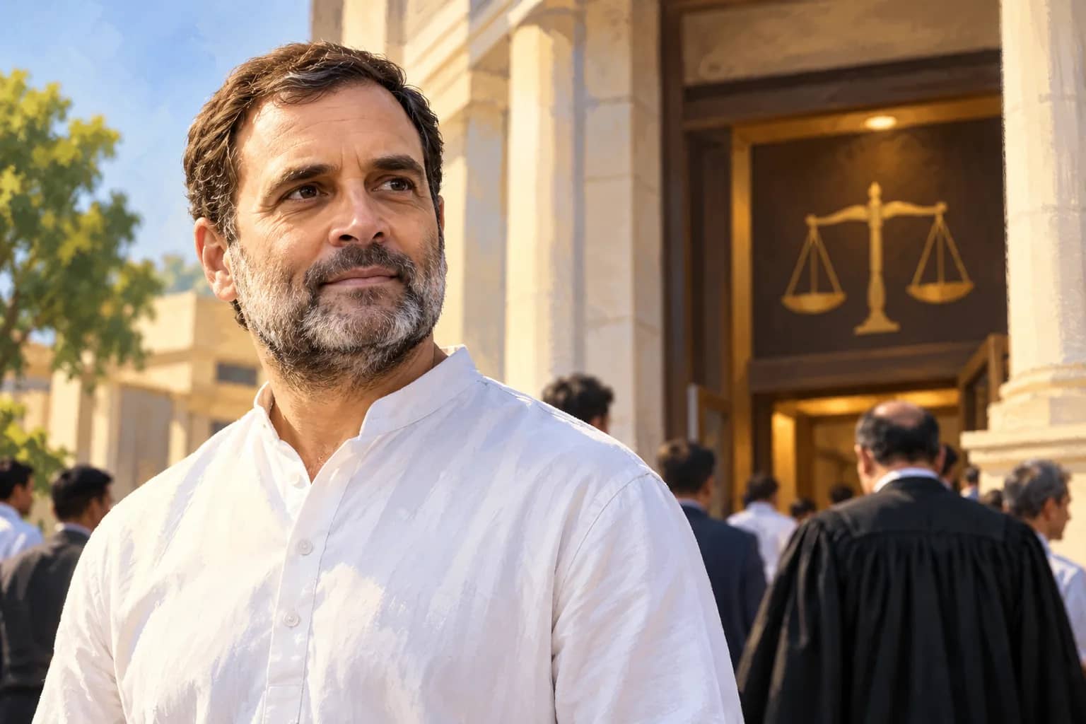 राहुल गांधी एक अदालत के बाहर खड़े हैं, उनके पीछे न्याय का तराजू दिख रहा है।