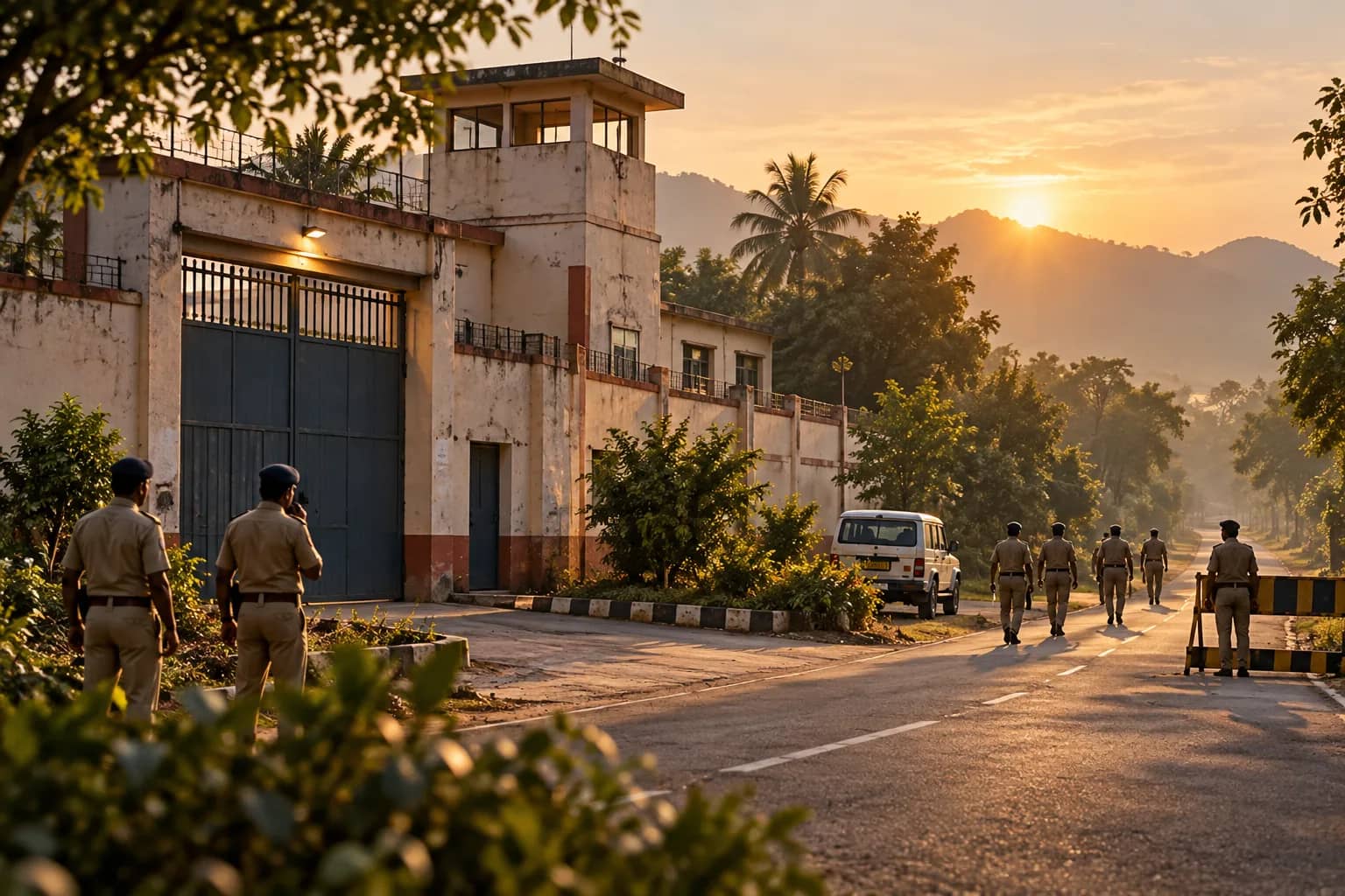 सूर्योदय के समय एक जेल के बाहर पुलिसकर्मी सड़क पर चल रहे हैं।