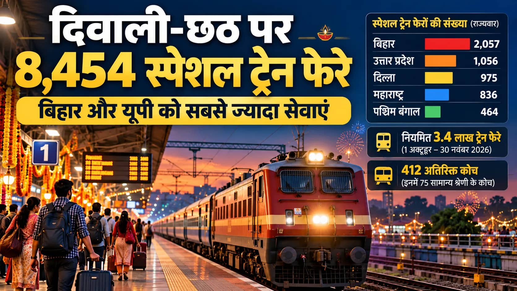 दिवाली-छठ पर घर जाने वालों को राहत: रेलवे ने 8,454 स्पेशल ट्रेन फेरों की घोषणा की, बिहार और यूपी को सबसे ज्यादा सेवाएं