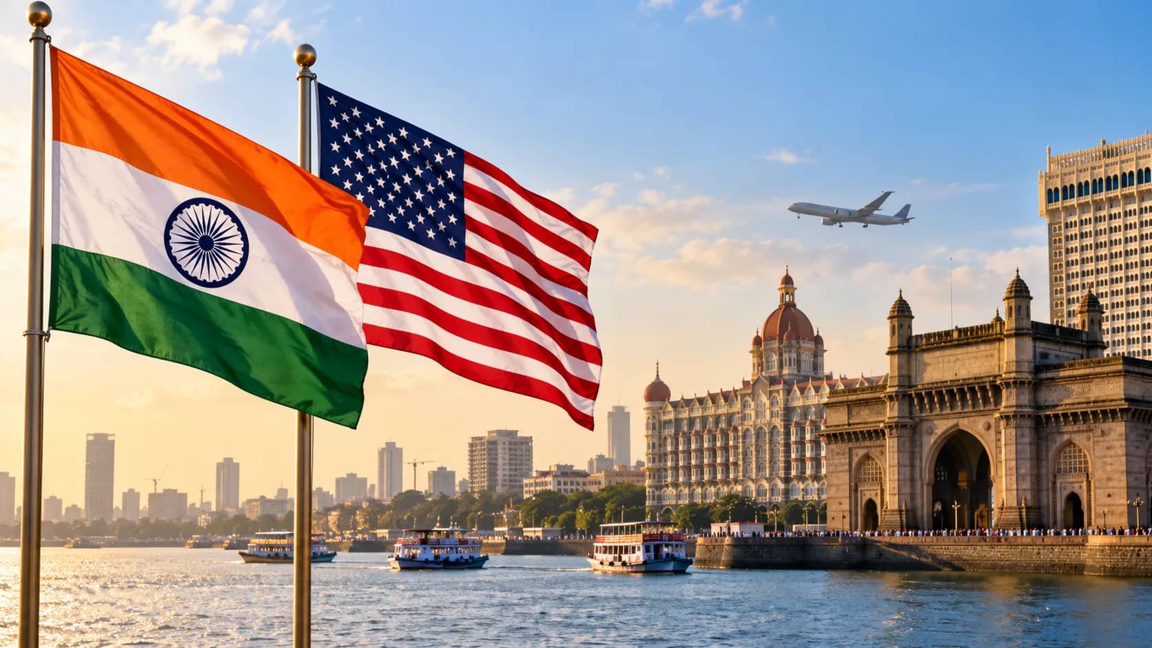 मुंबई में गेटवे ऑफ इंडिया के पास भारतीय और अमेरिकी झंडे लगे हैं, जिसमें एक हवाई जहाज ऊपर से उड़ रहा है।