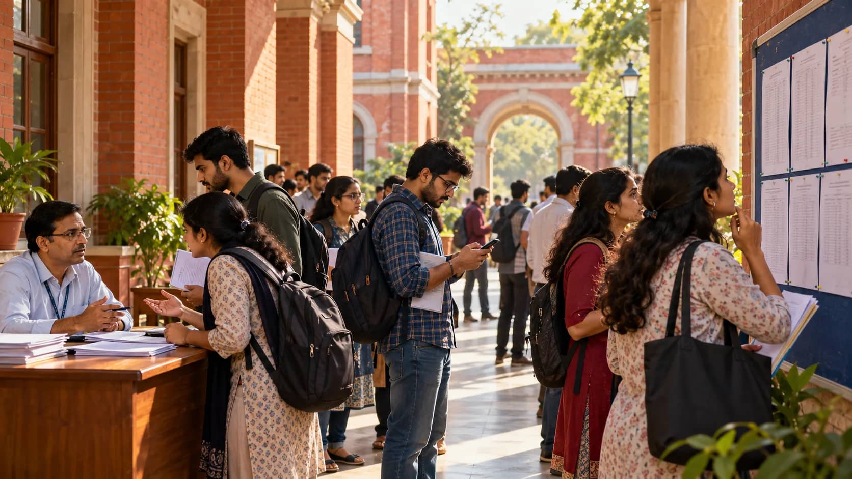 भारतीय छात्र विश्वविद्यालय परिसर में एक प्रोफेसर से बात कर रहे हैं और नोटिस बोर्ड देख रहे हैं।