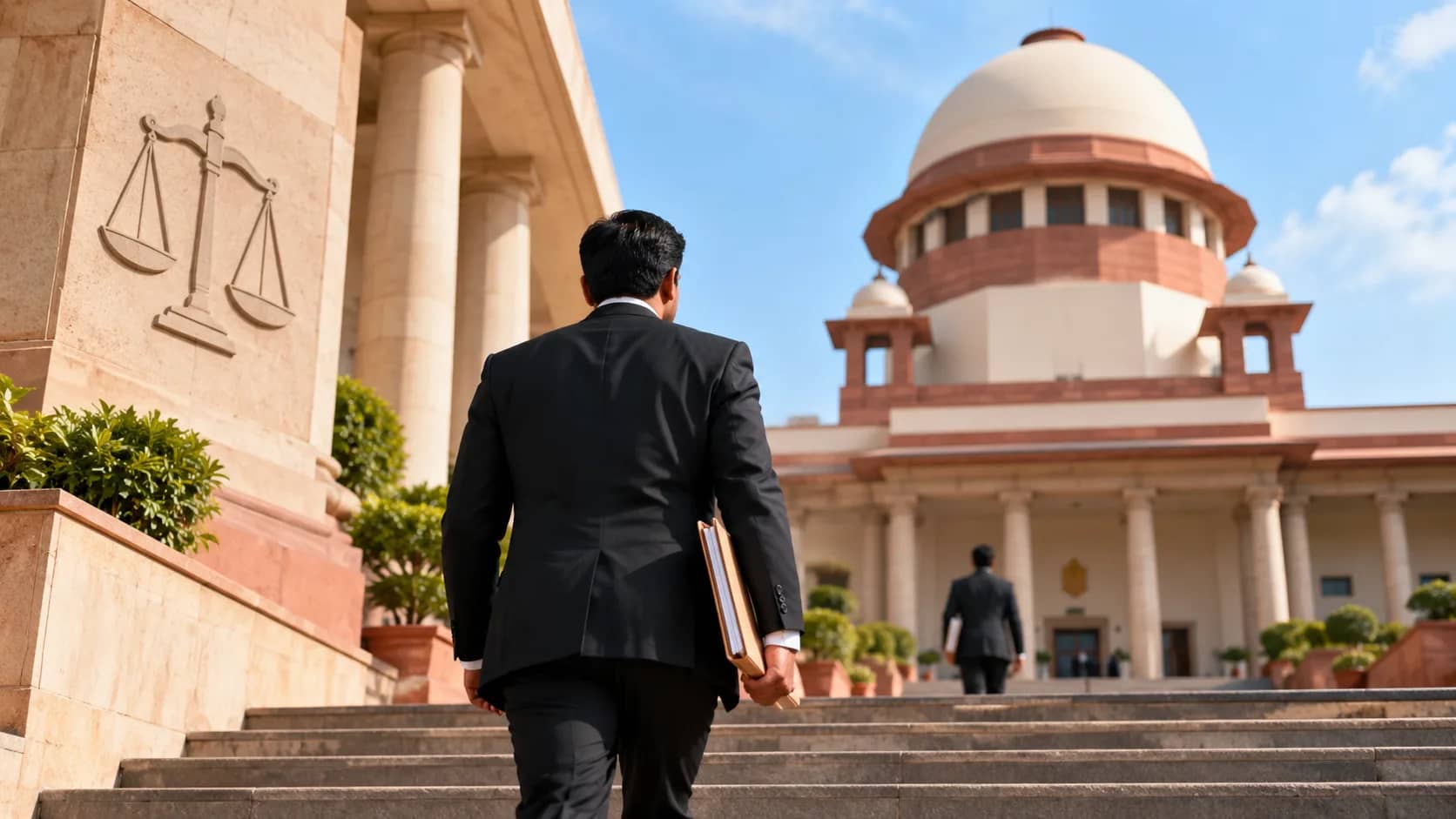 एक वकील सुप्रीम कोर्ट की सीढ़ियों पर चढ़ रहा है, जिसके हाथ में एक फ़ाइल है।