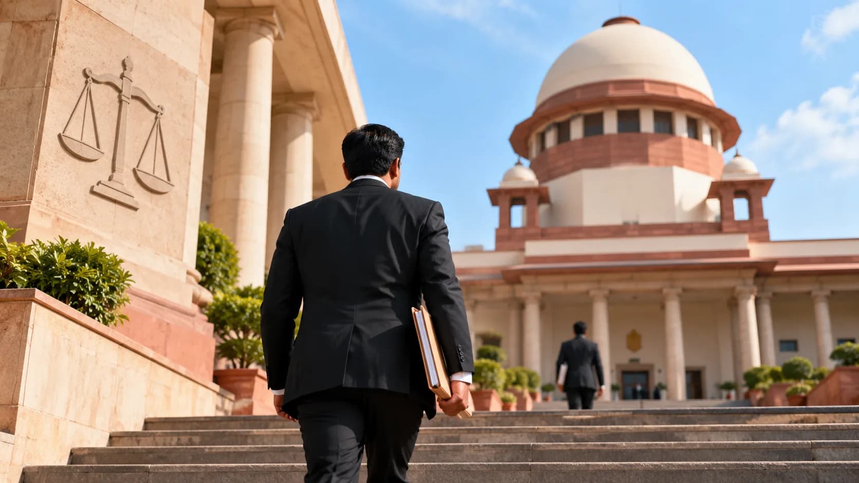 एक वकील सुप्रीम कोर्ट की सीढ़ियों पर चढ़ रहा है, जिसके हाथ में एक फ़ाइल है।