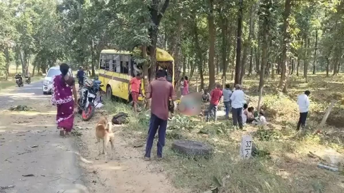 एक पीली बस पेड़ से टकराई हुई है, और लोग उसके चारों ओर खड़े हैं।