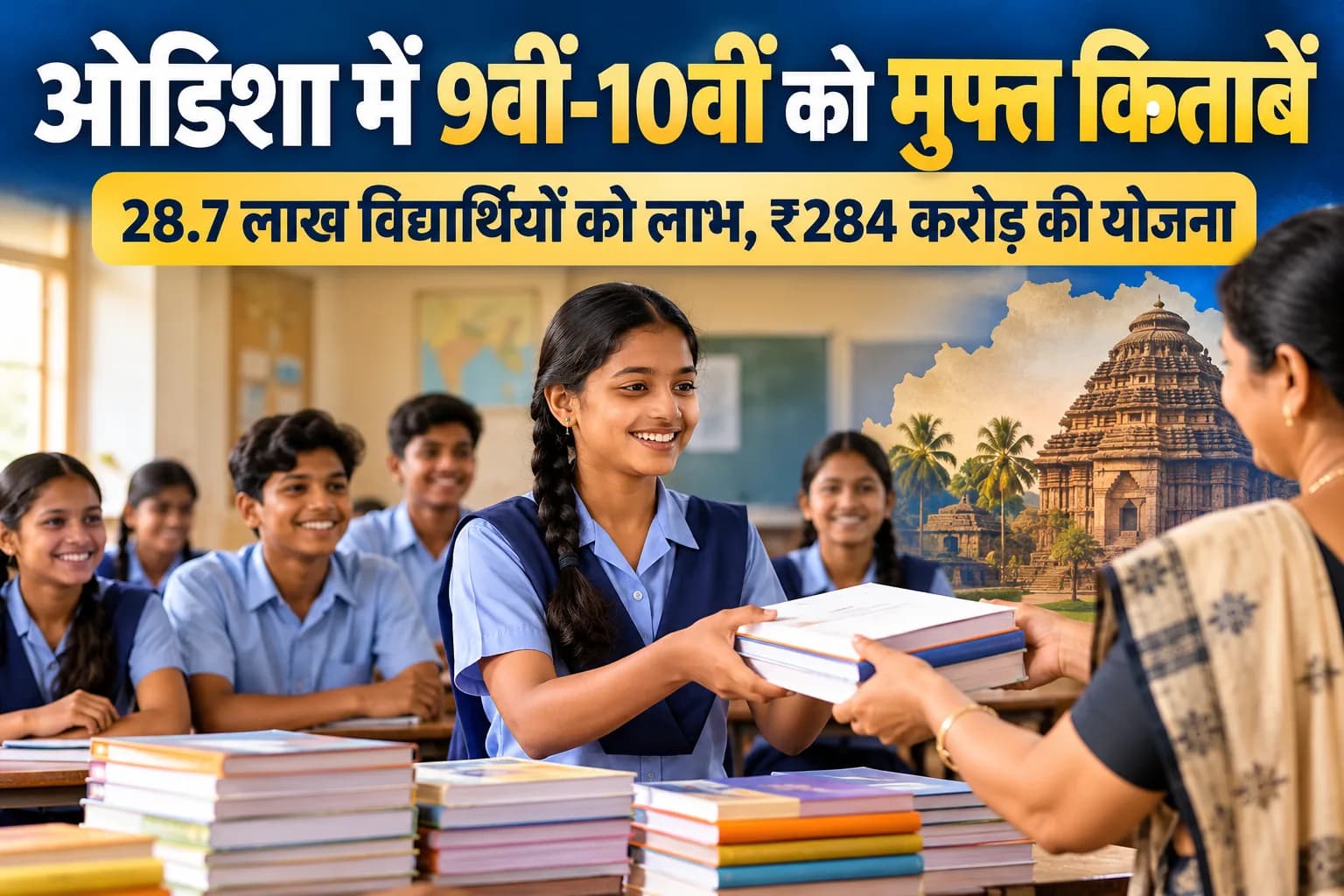 एक शिक्षिका कक्षा में छात्रों को किताबें दे रही है।