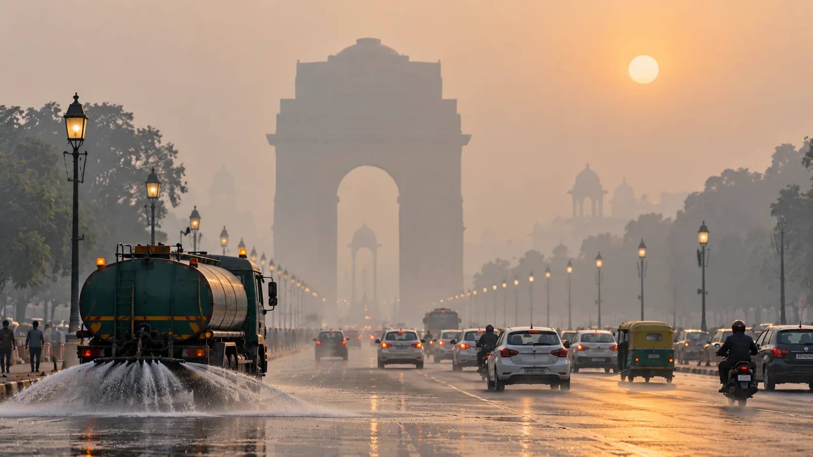 धुंध भरे सूर्योदय के दौरान इंडिया गेट के सामने एक सड़क पर पानी का छिड़काव करता एक टैंकर।
