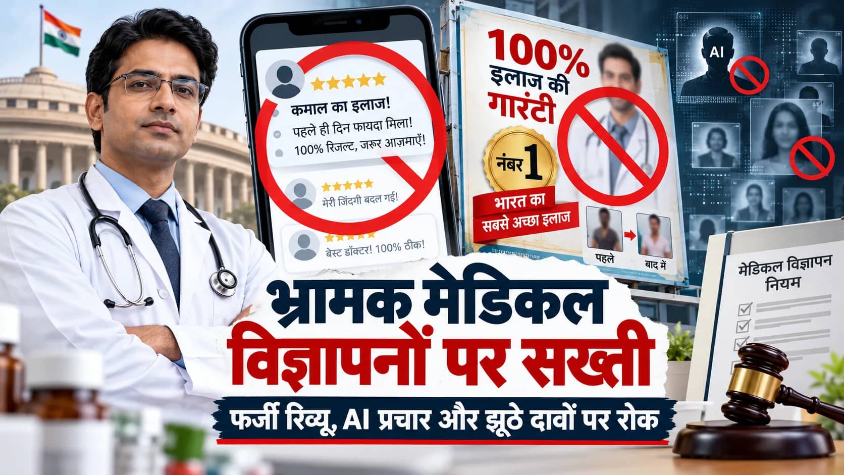 डॉक्टर और मेडिकल विज्ञापनों पर सख्त नियम दर्शाती तस्वीर।